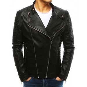 Čierna moderná kožená bunda pre mužov so zipsami