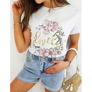 Krásne dámske biele tričko s potlačou kvetín a nápisom LOVELY