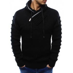 Čierne pánske pletené svetre s golierom a dlhými šnúrkami